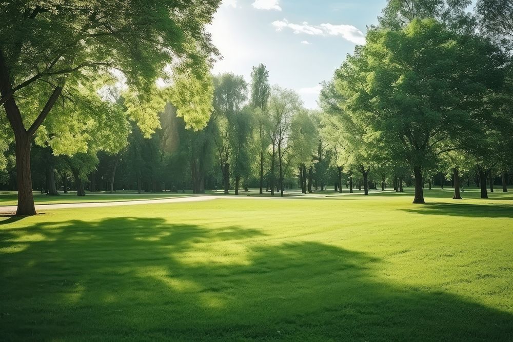 Green lawn in city park under sunny light vegetation landscape outdoors.