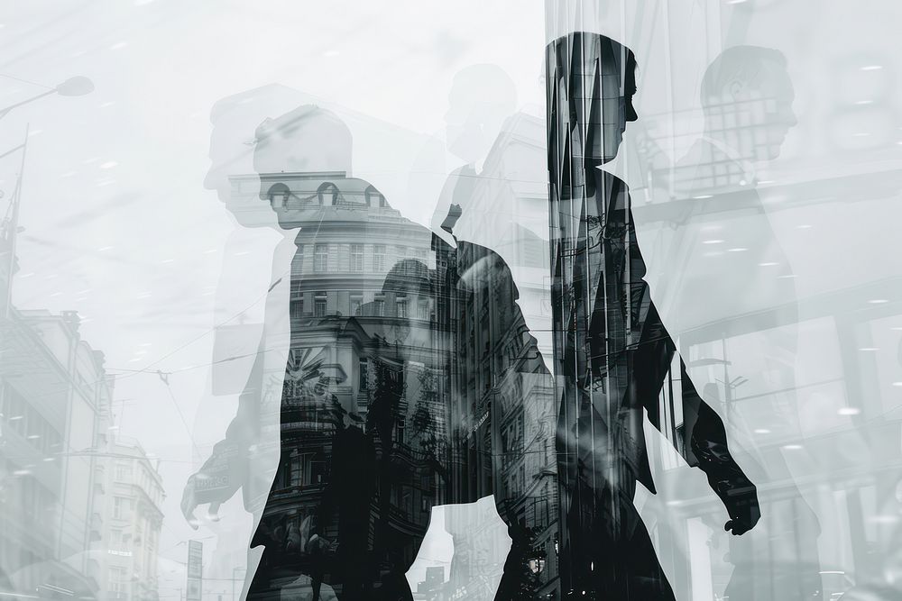 Double exposure photography Business People Walking on the Street outdoors clothing weather.