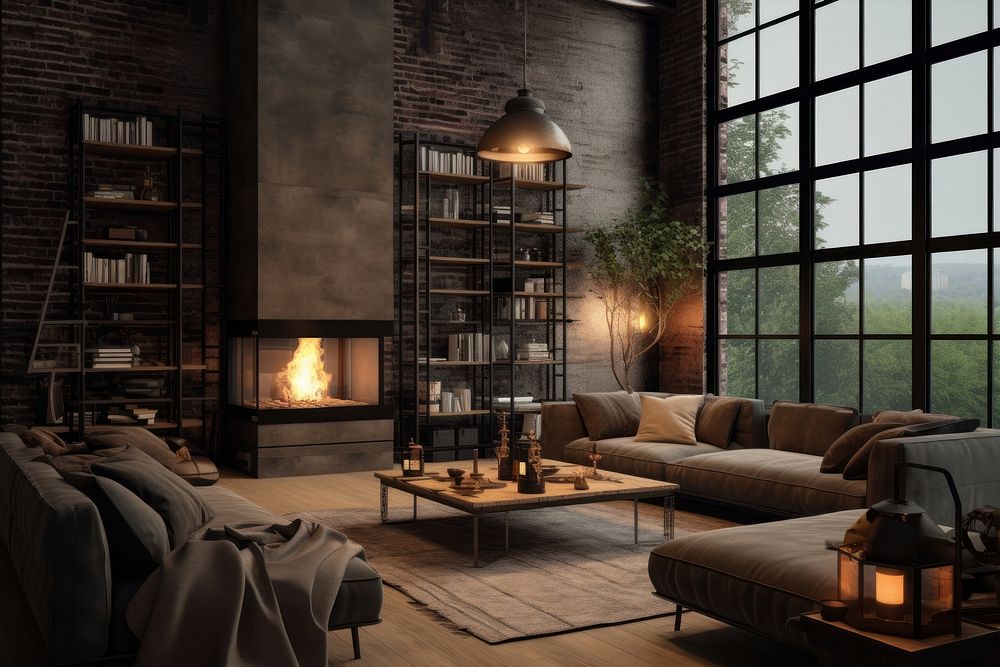 Dark living room loft with fireplace architecture furniture building.