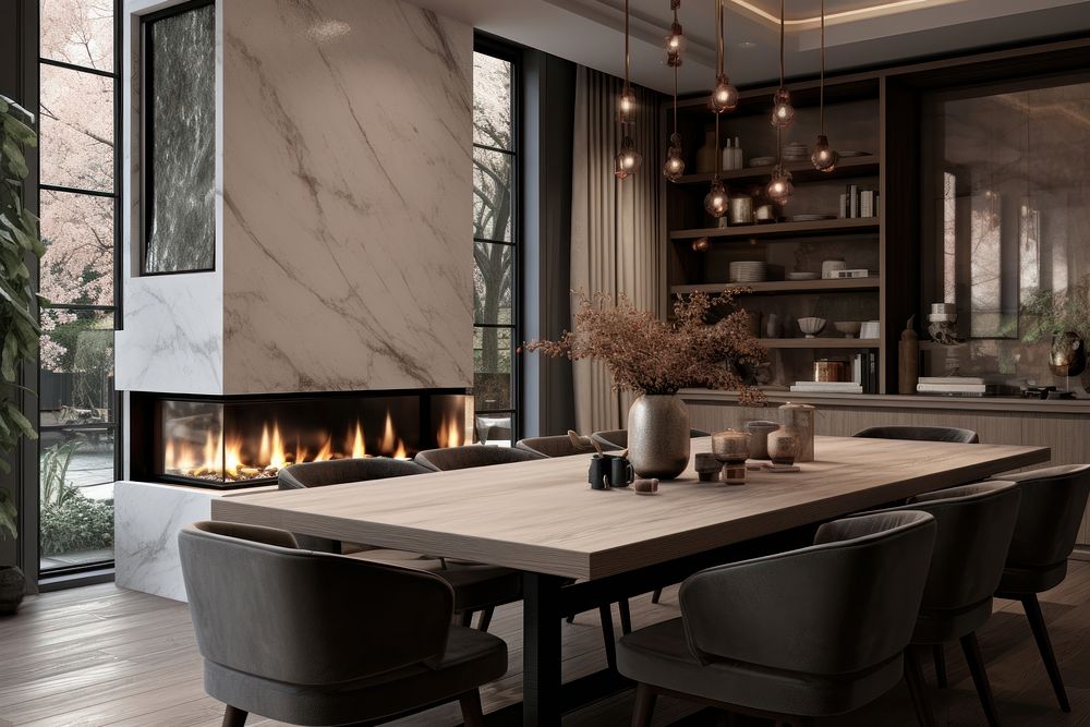 Dining room kitchen and a marble fireplace with gas fire architecture furniture building.