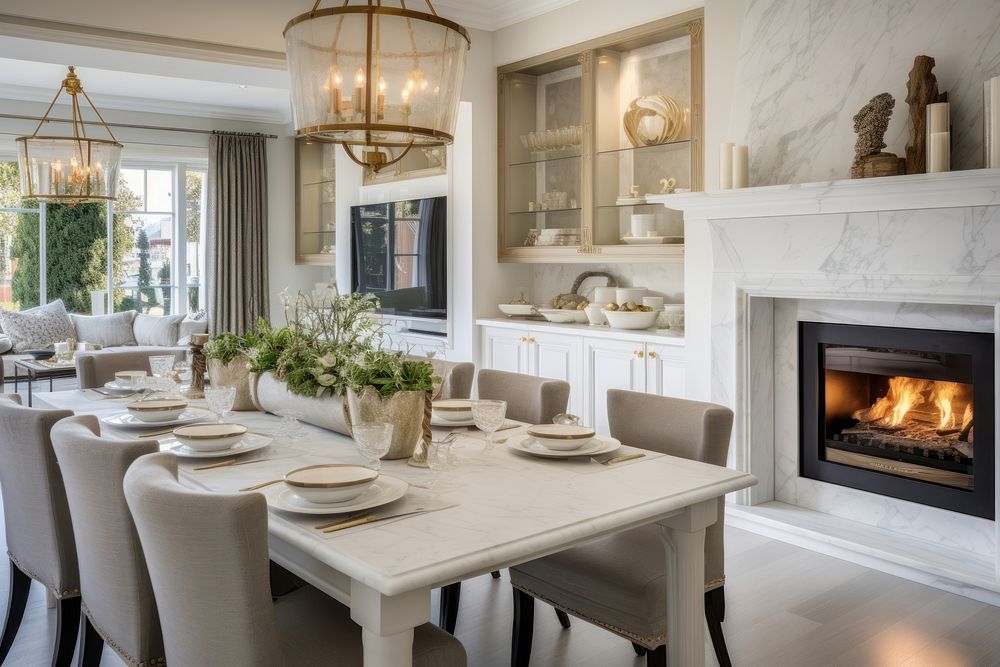 Dining room kitchen and a marble fireplace with gas fire architecture electronics chandelier.