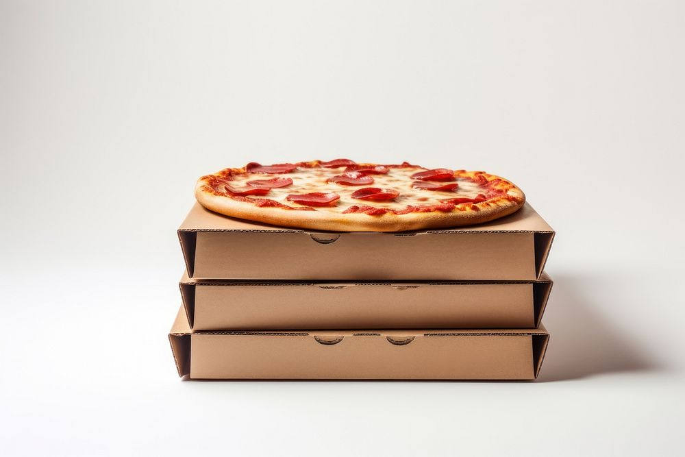 Hand of delivery with cardboard pizza boxes food.