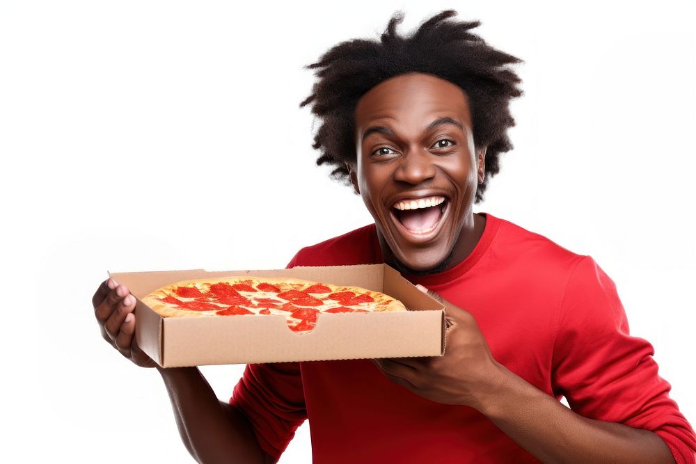 Happy African Young Man Enjoying Pizza Biting Tasty Slice happy pizza surprised.