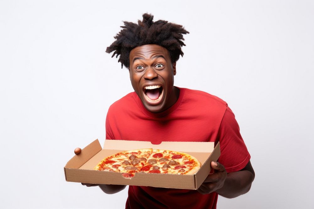 Happy African Young Man Enjoying Pizza Biting Tasty Slice pizza surprised person.