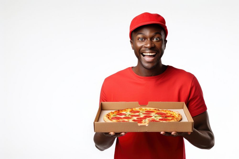 Joyful african american man holds box of pizza person human adult.
