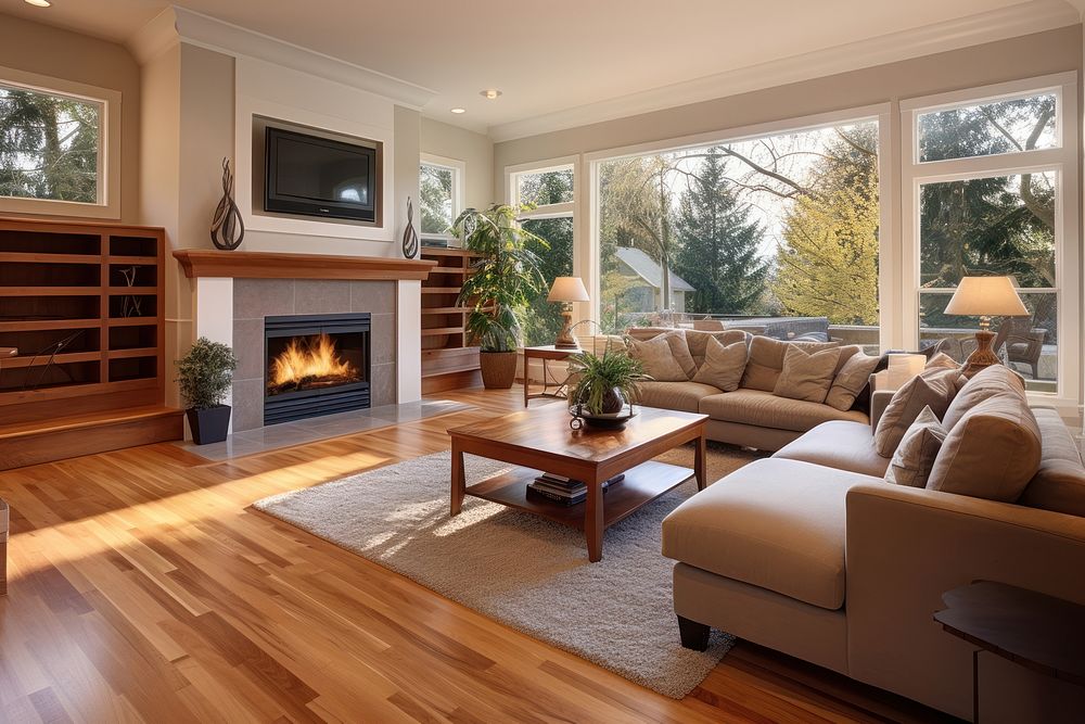 Living room interior with hardwood floors and fireplace architecture electronics furniture.