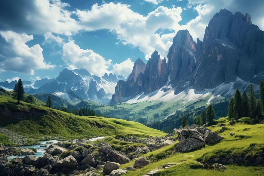 Mountain range on a sunny day at dolomites wilderness landscape panoramic.