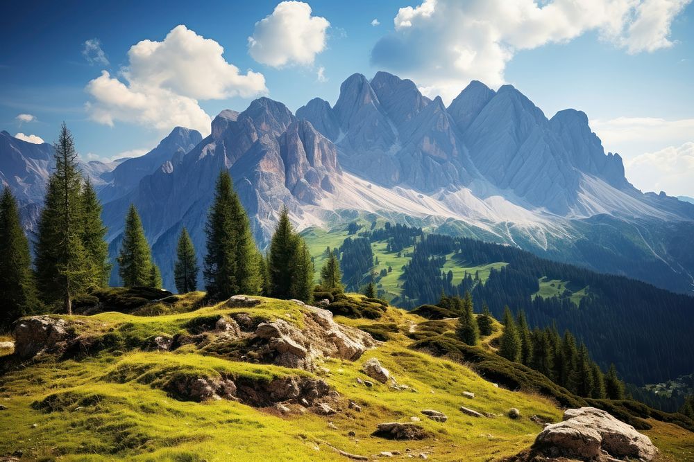 Mountain range on a sunny day at dolomites wilderness landscape panoramic.