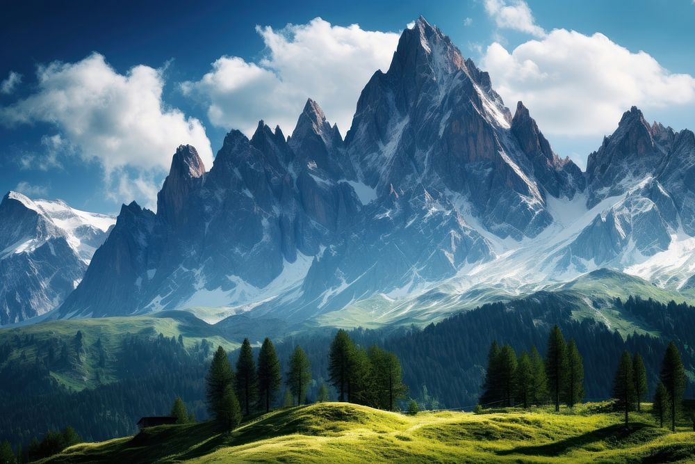 Mountain range on a sunny day at dolomites landscape panoramic outdoors.