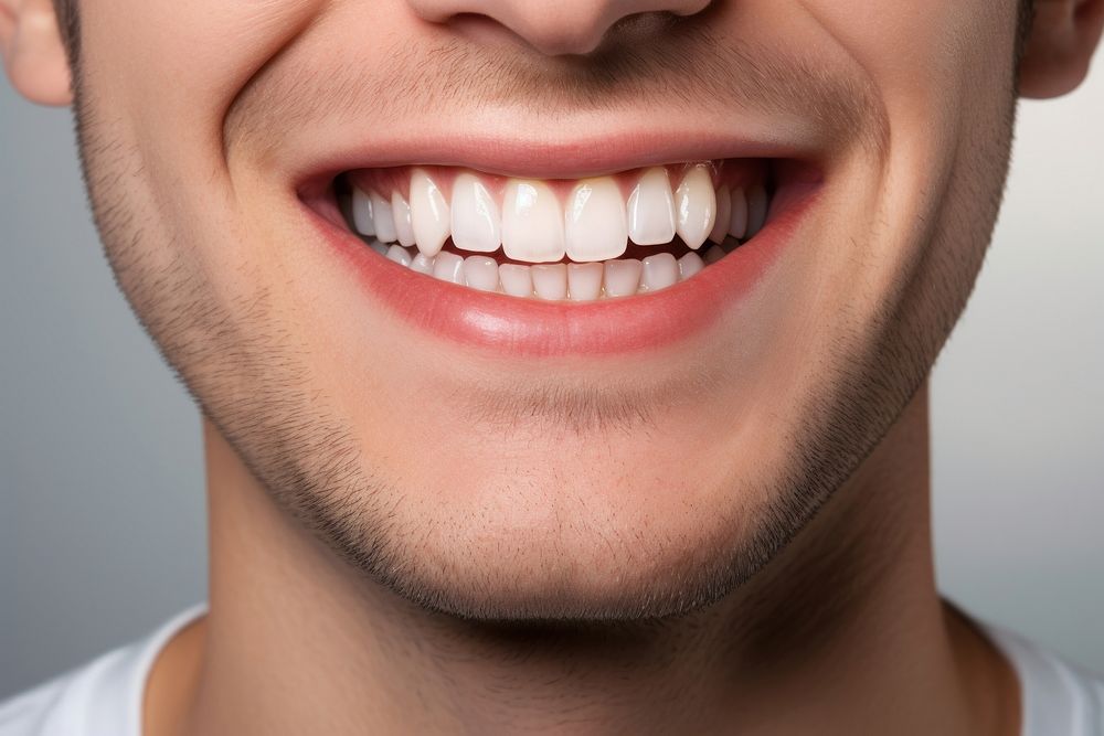 Man holding a picture of a mouth smiling person human teeth.
