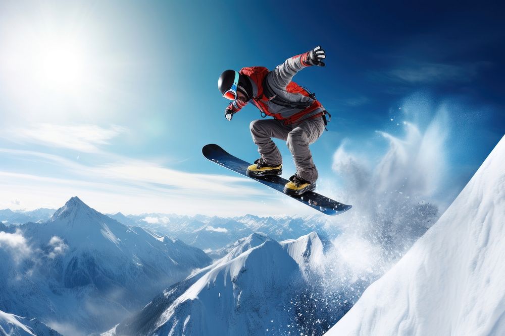 Snowboarder jumping snowboarding recreation adventure.