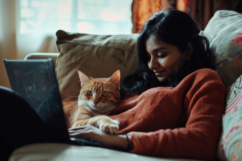 South Asian woman cat furniture cushion.