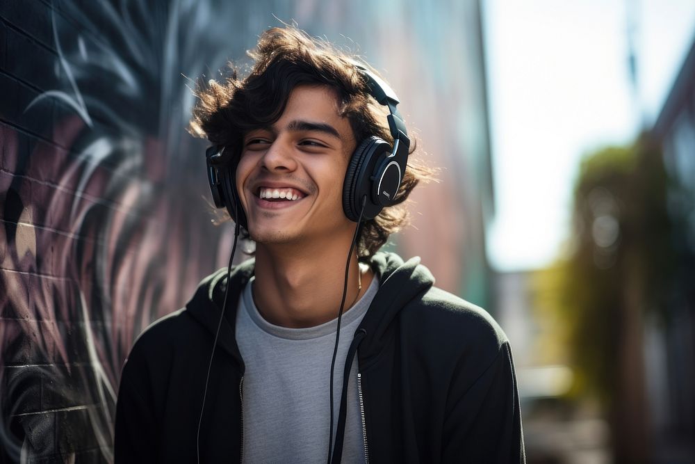 South asian teen man headphones person smile.