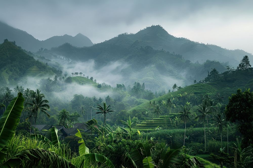 Rainy season in Bali countryside vegetation rainforest.