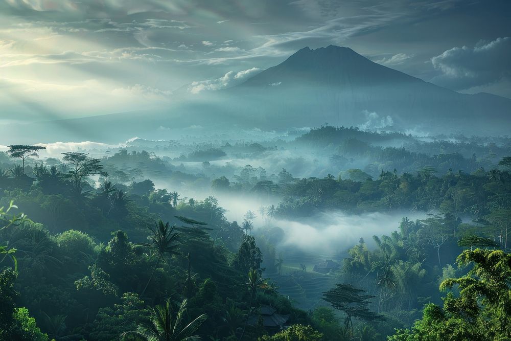 Rainy season in Bali rainforest vegetation landscape.