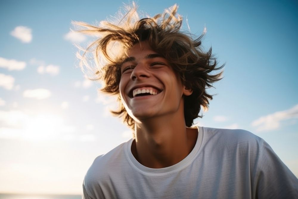 Teen men person smile laughing.