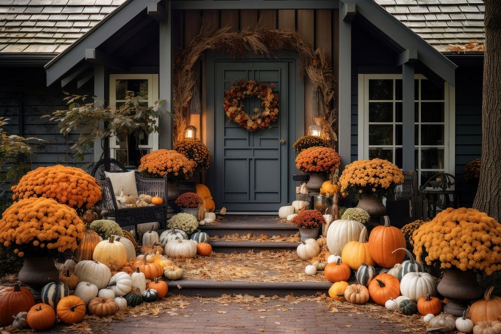The front door with fall decoration pumpkin porch architecture.