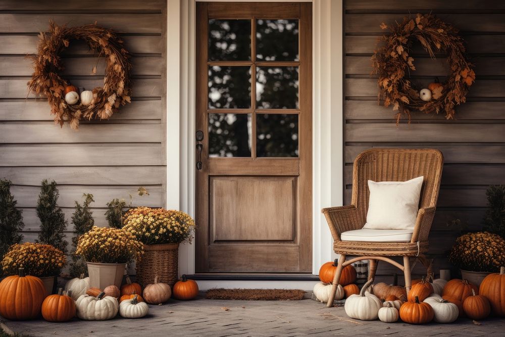 The front door with fall decoration porch architecture furniture.