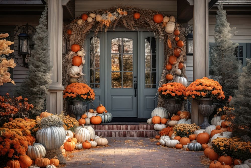 The front door with fall decoration architecture christmas festival.