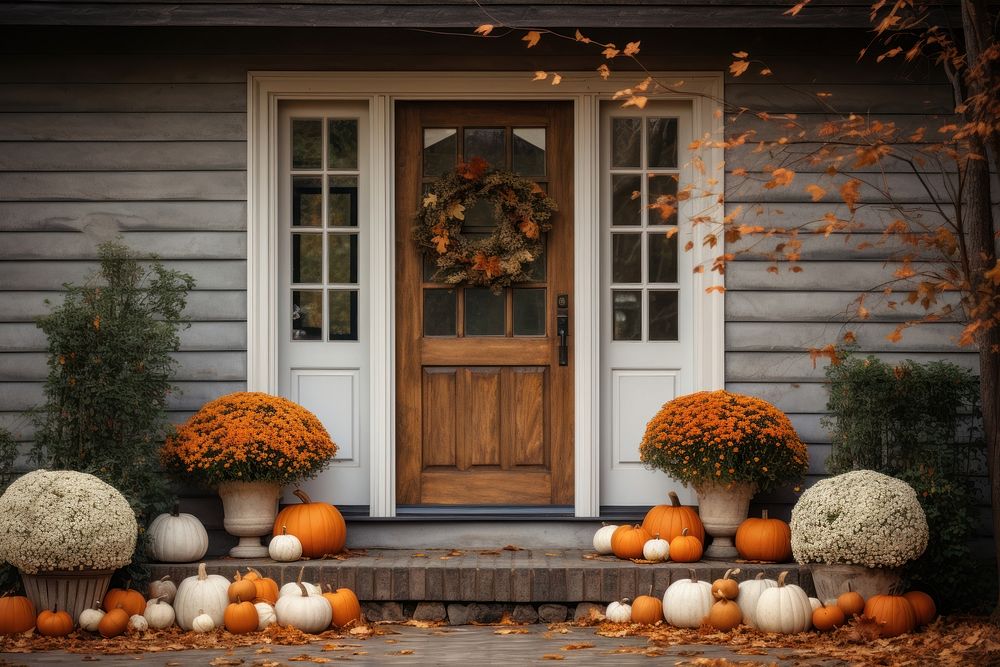 The front door with fall decoration porch architecture building.