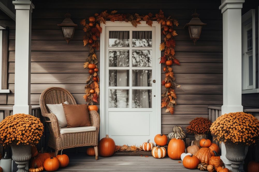 The front door with fall decoration pumpkin porch architecture.
