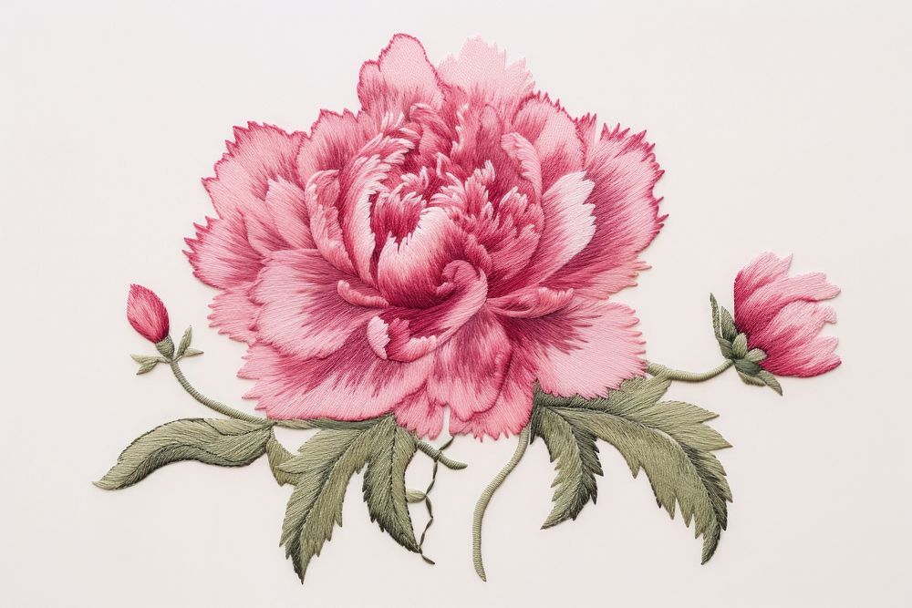 Peony in embroidery style carnation blossom flower.