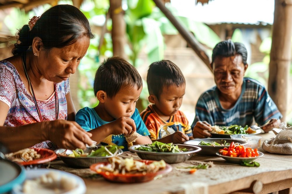 Indonesian family eating child people.