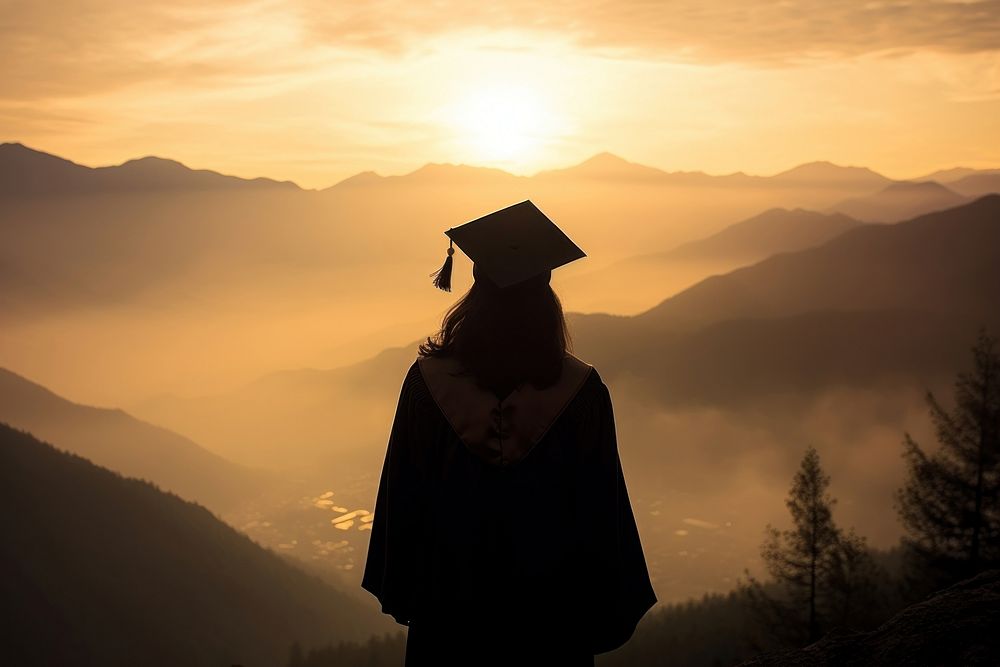 Woman holding graduation hat silhouette photography backlighting outdoors people.