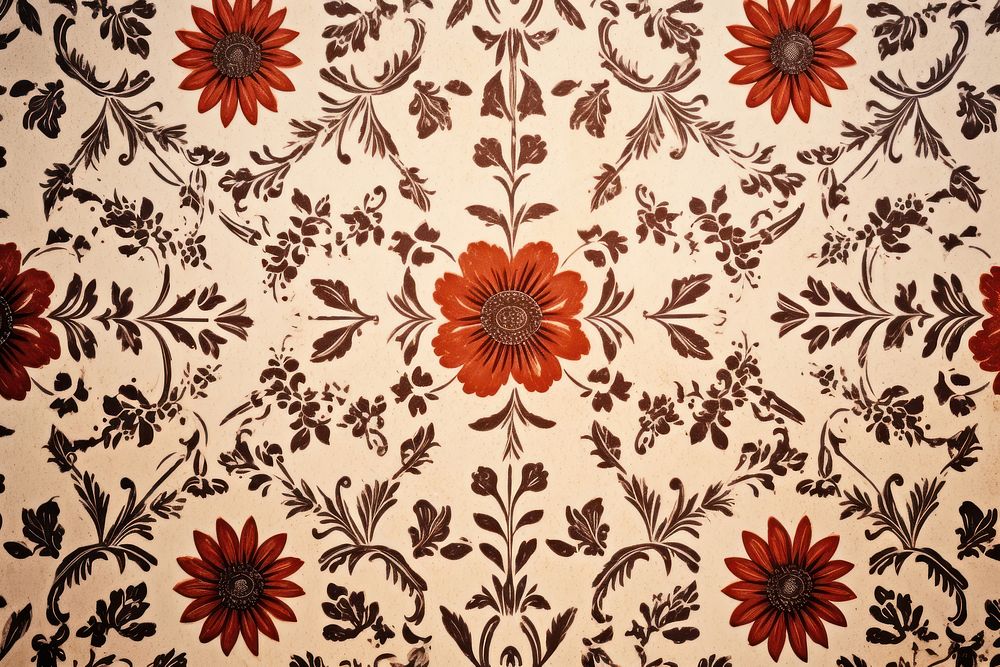 Antique abstract flower block print pattern graphics art floral design.