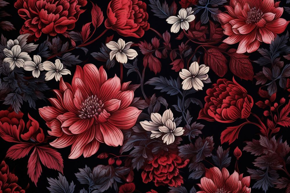 Seamless fantasy flowers block print pattern asteraceae graphics painting.