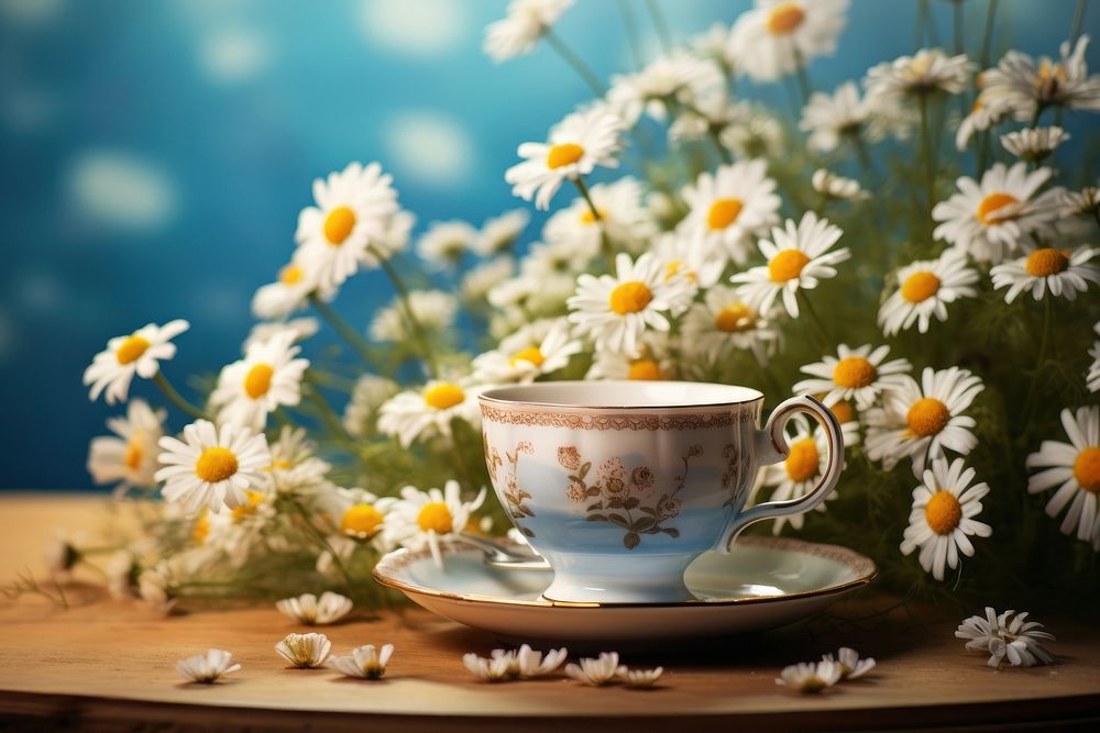 Tea cup on podium with daisies asteraceae blossom flower.
