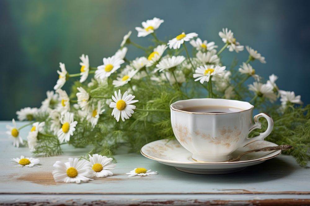 Tea cup on podium with daisies asteraceae beverage blossom.