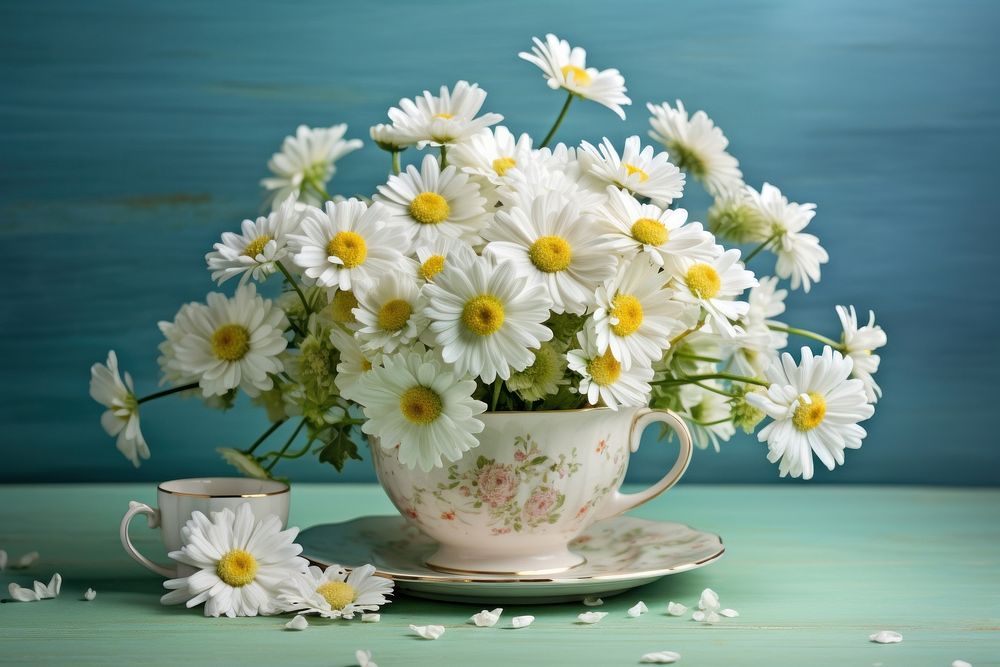 Tea cup on podium with daisies asteraceae blossom flower.