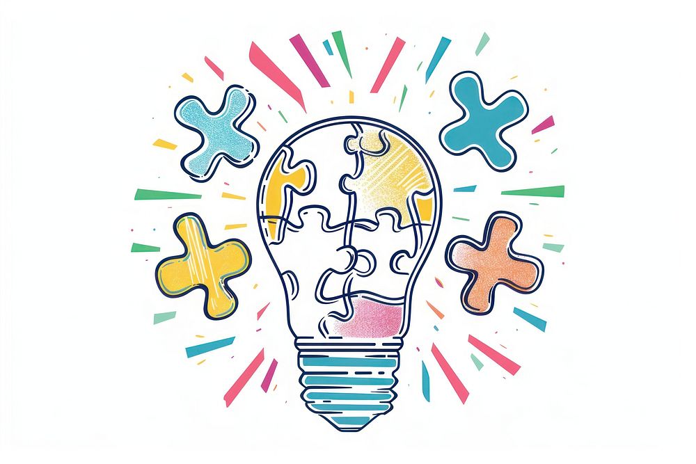 Vector doodle icon with 2 People puzzle parts in light bulb illustrated lightbulb dynamite.