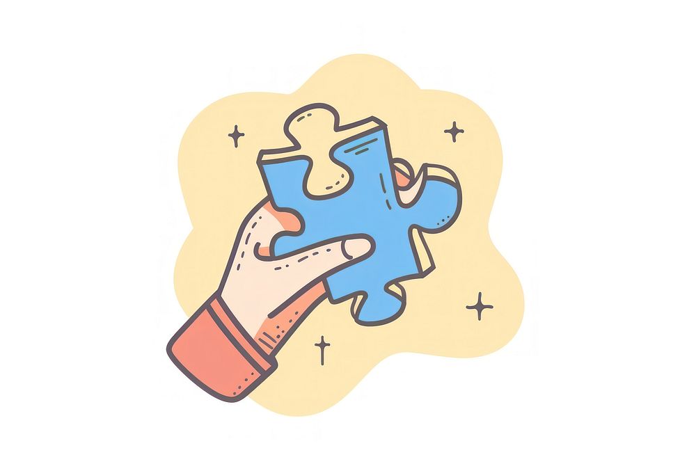 Vector doodle icon with hand holding a puzzle piece lift up person human baby.