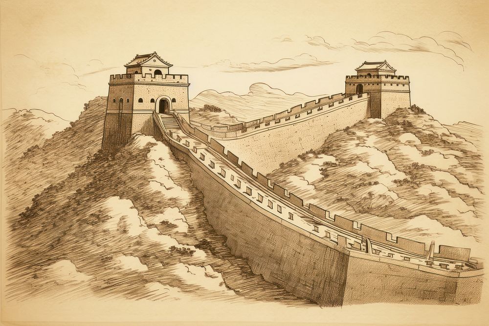China great wall illustrated drawing person.