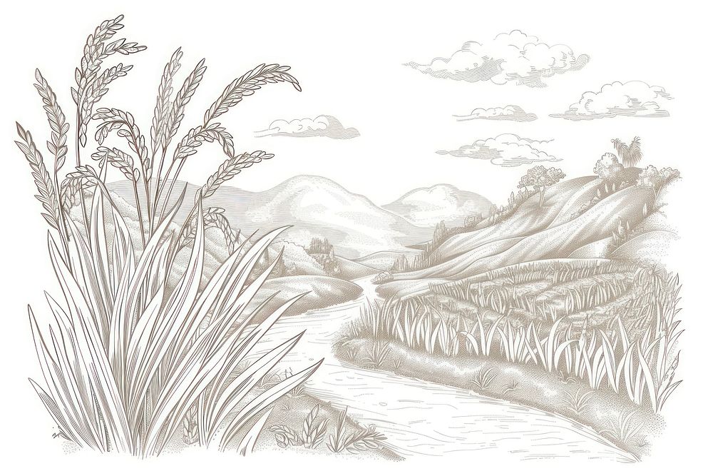 Vector illustration of Rice farming element line illustrated painting drawing.
