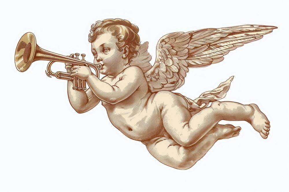 Vintage Vector illustration of trumpeting cherub in the pipe person human cupid.