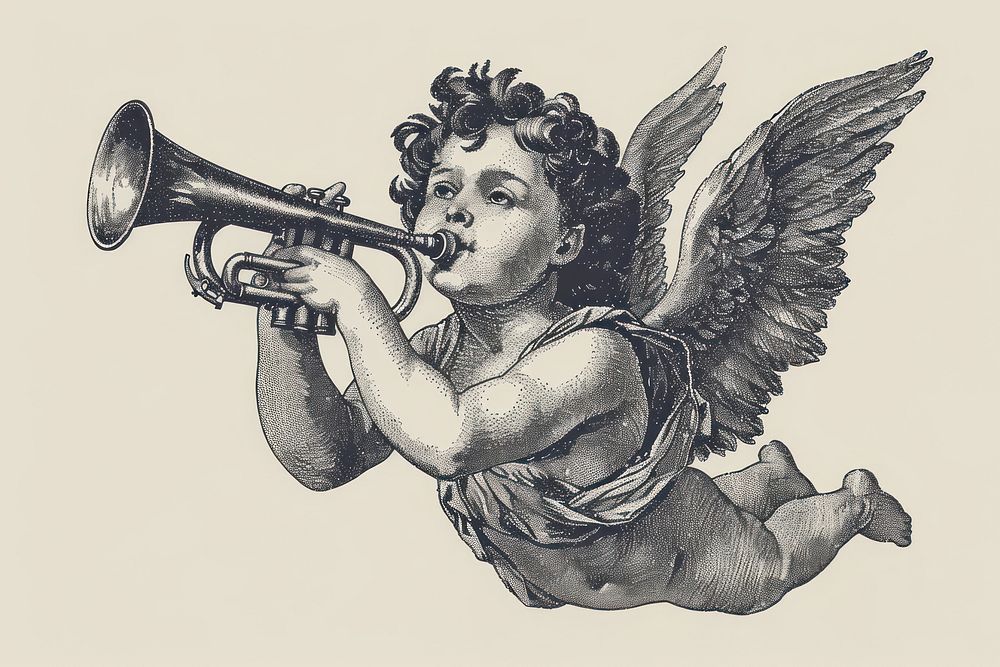 Vintage Vector illustration of trumpeting cherub in the pipe art illustrated weaponry.