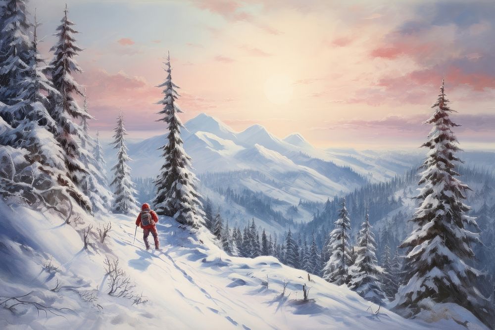 A Hiker in winter mountains snowshoeing tree recreation landscape.