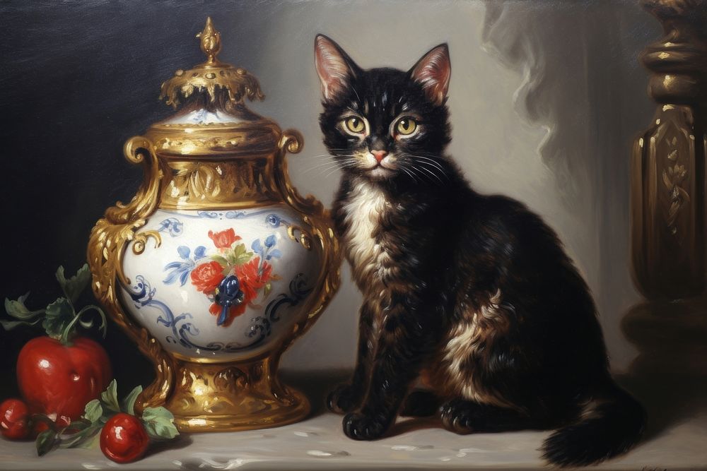 Black cat painting art porcelain.
