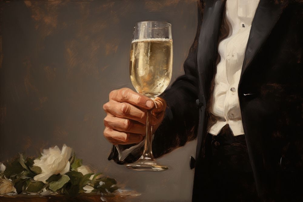 Hand holding champagne bottle painting art photography.
