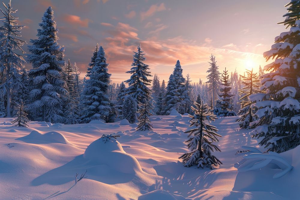 Winter landscape snow tree sunlight.