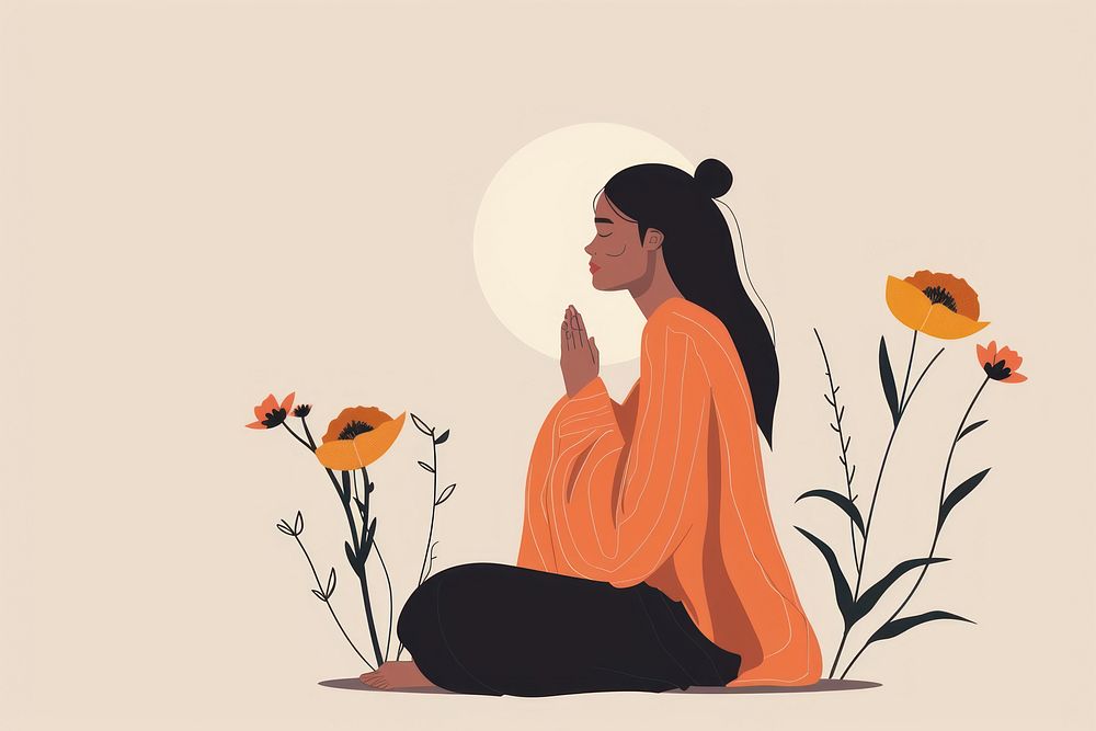 Woman praying illustrated drawing blossom.
