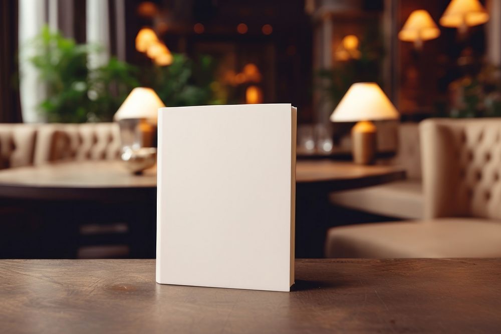 Blank white book mockup publication indoors lamp.