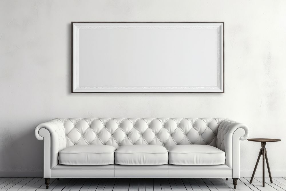 Blank white frame mockup couch wall architecture.