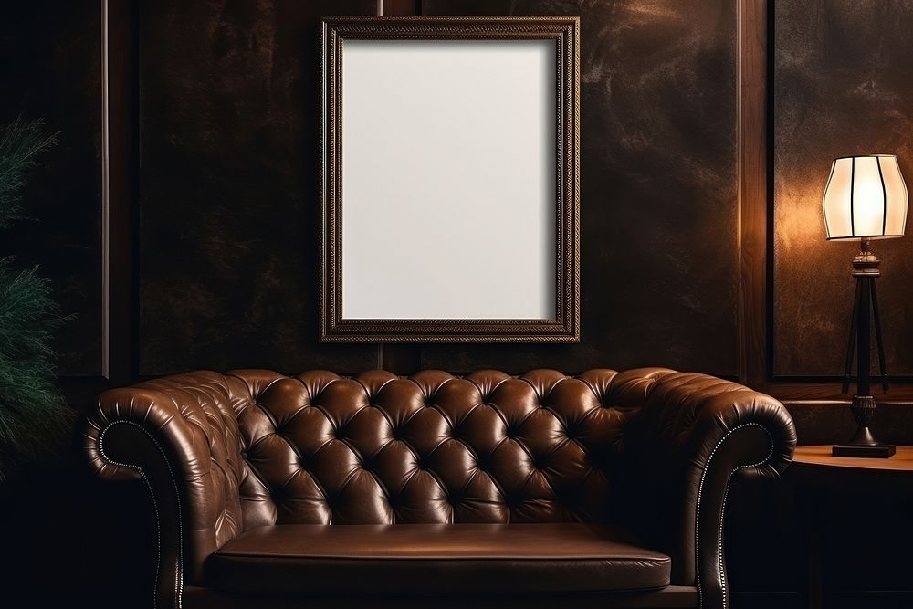 Blank white frame mockup furniture armchair painting.