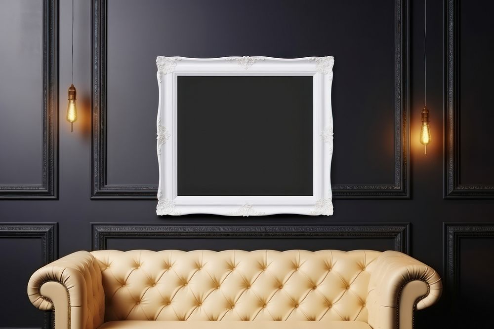 Blank white frame mockup blackboard furniture indoors.