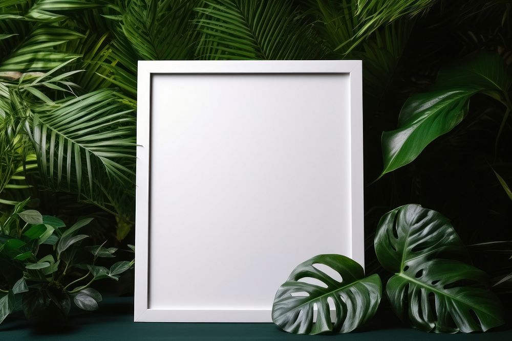 Blank white frame mockup plant leaf photo frame.