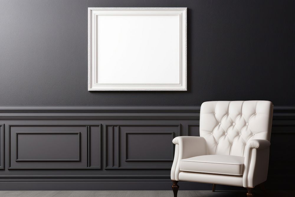 Blank white frame mockup furniture armchair painting.